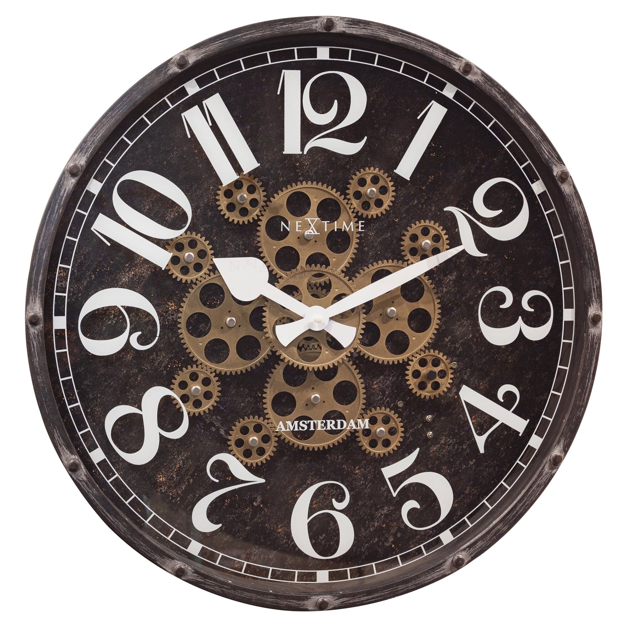 NeXtime Clocks Moving Gear Wall Clock "Henry," 50cm with visible gears and modern design, perfect for contemporary home decor.